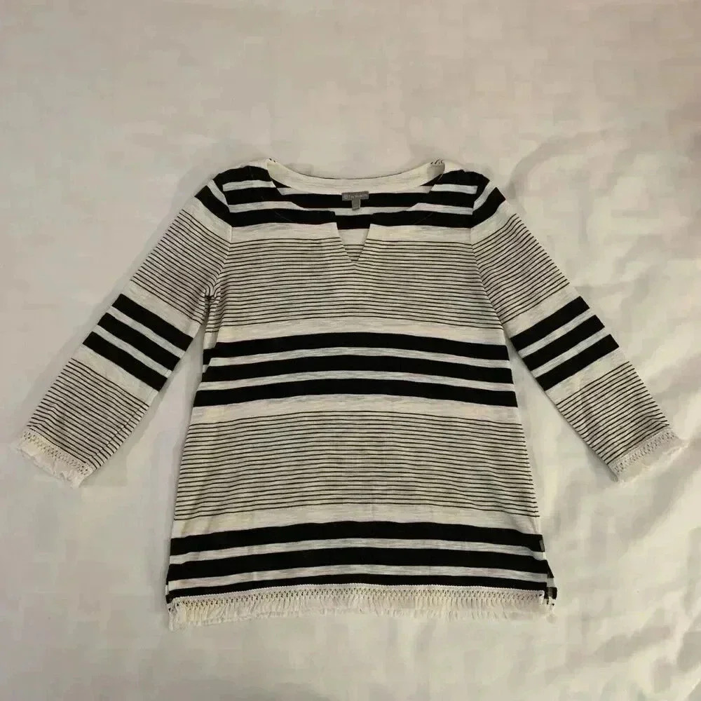 T by Talbots Sz XS Pullover Top Black & White Stripe 3/4 Sleeve‎ Fringe Cotton
